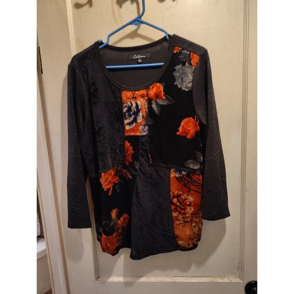 Calessa Tops - Calessa Floral Rose Leaves Black Velvet Patchwork Panel Burnout Long Sleeve Sz L